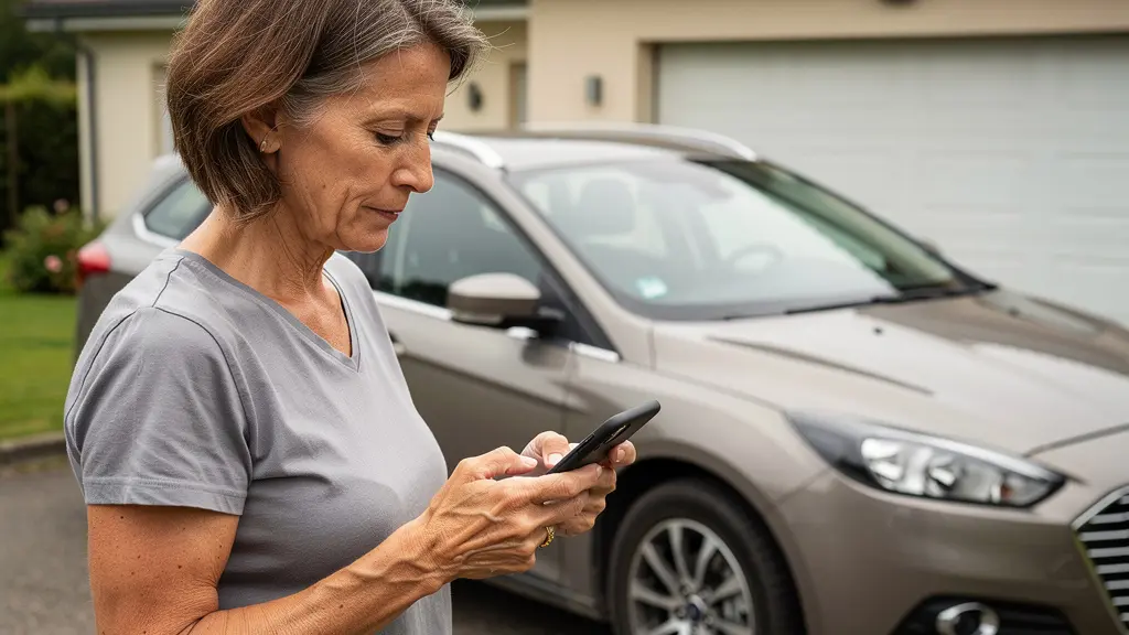 Conductrice française consultant un devis assurance auto sur smartphone près de son véhicule
