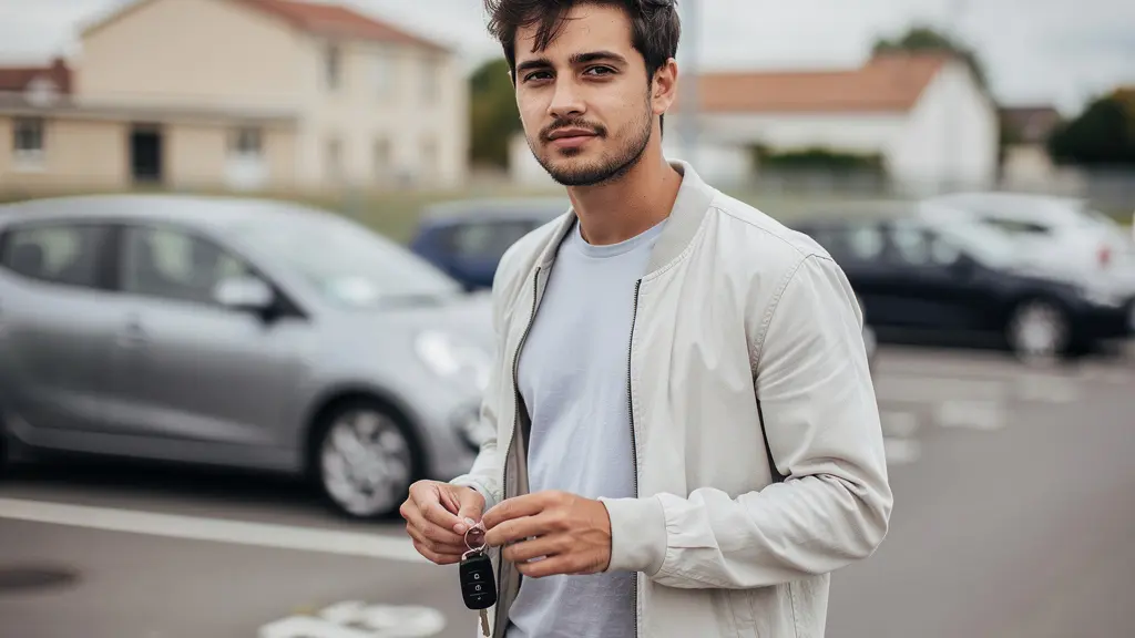 Jeune conducteur français tenant ses clés de voiture, contexte première assurance auto
