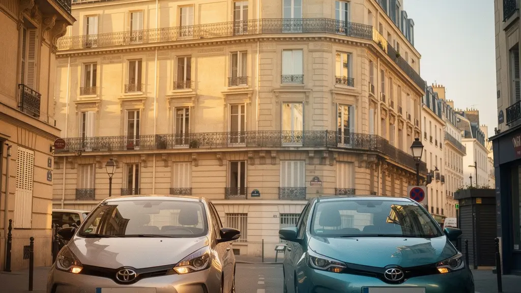 Deux voitures identiques garées côte à côte dans une rue résidentielle française, illustrant les écarts de prime d'assurance entre voisins