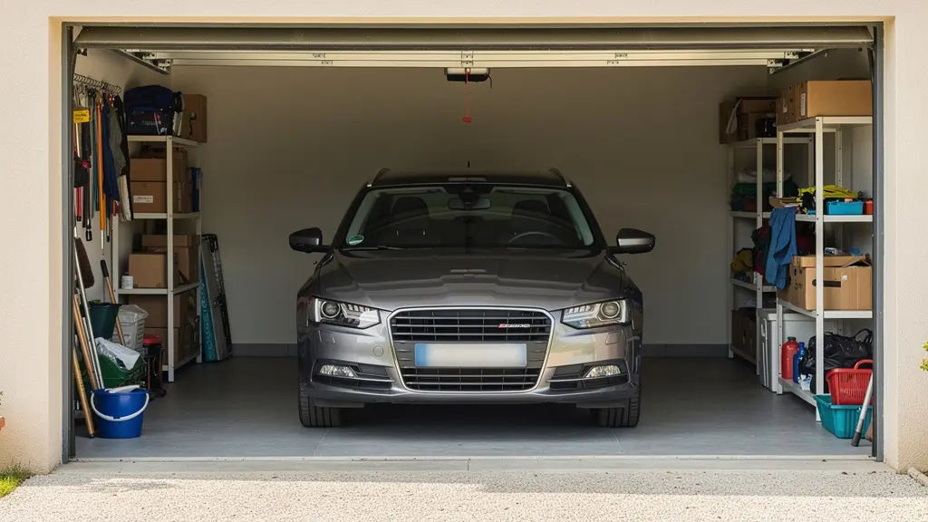 Véhicule familial stationné dans un garage résidentiel français