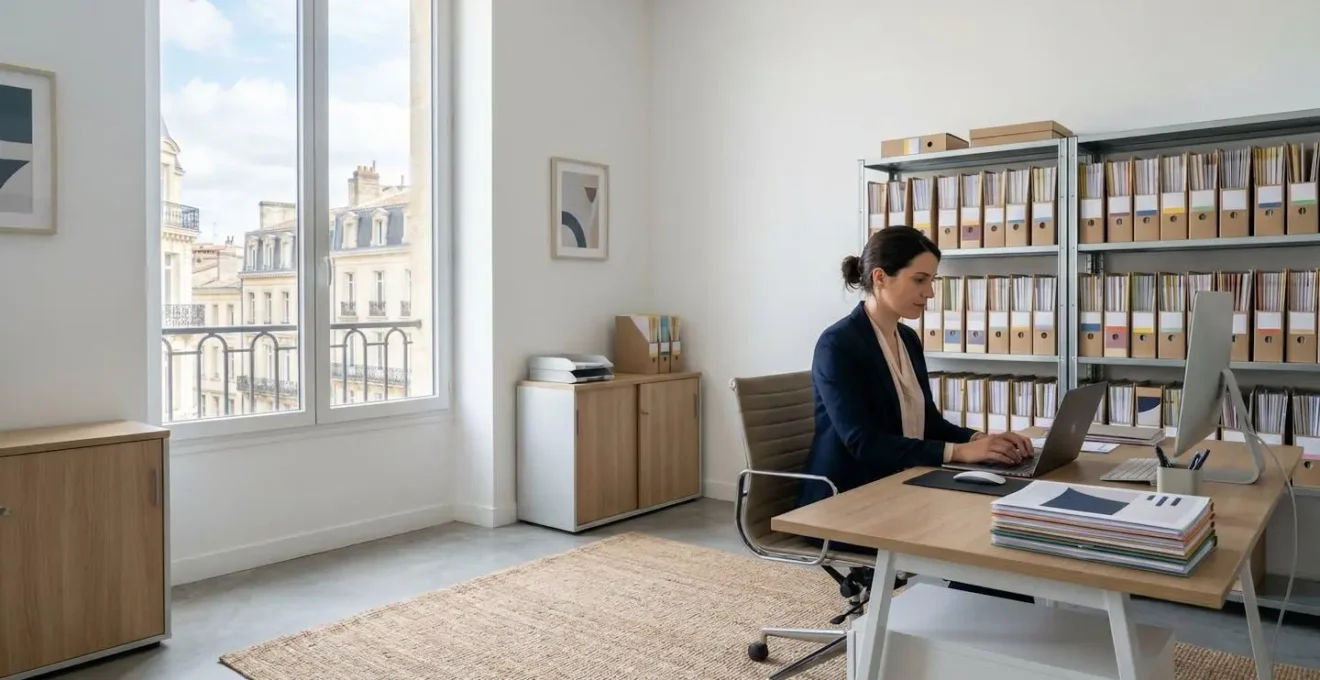Agent général d'assurance dans son bureau avec des dossiers clients