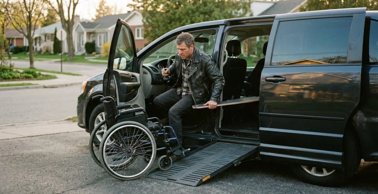 Vue latérale d'un véhicule adapté avec rampe d'accès et commandes manuelles