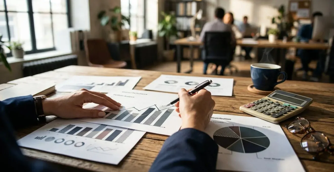 Professionnel analysant des graphiques financiers abstraits sur un bureau, symbolisant l'analyse d'un contrat de prévoyance.