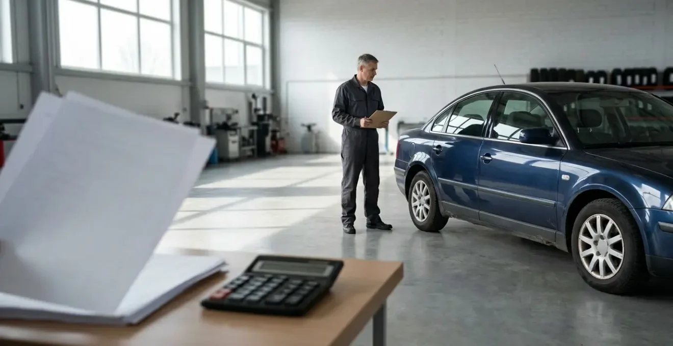 Évaluation professionnelle d'un véhicule d'occasion dans un atelier avec papiers et calculatrice, sans texte visible