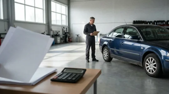 Évaluation professionnelle d'un véhicule d'occasion dans un atelier avec papiers et calculatrice, sans texte visible