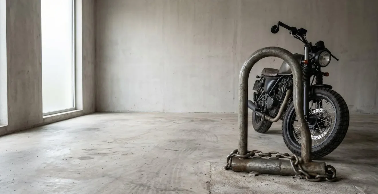 Vue large d'une moto sécurisée par un antivol en U massif dans un garage éclairé avec espace négatif important