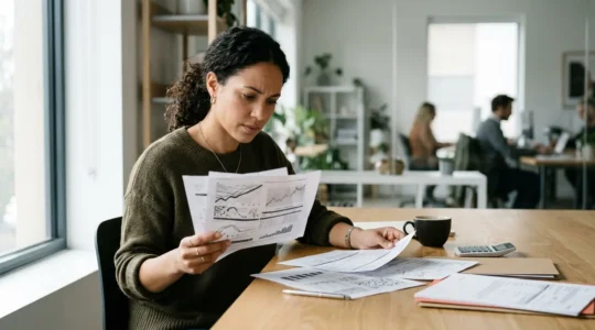 Salarié consultant des documents administratifs dans un cadre professionnel avec lumière naturelle