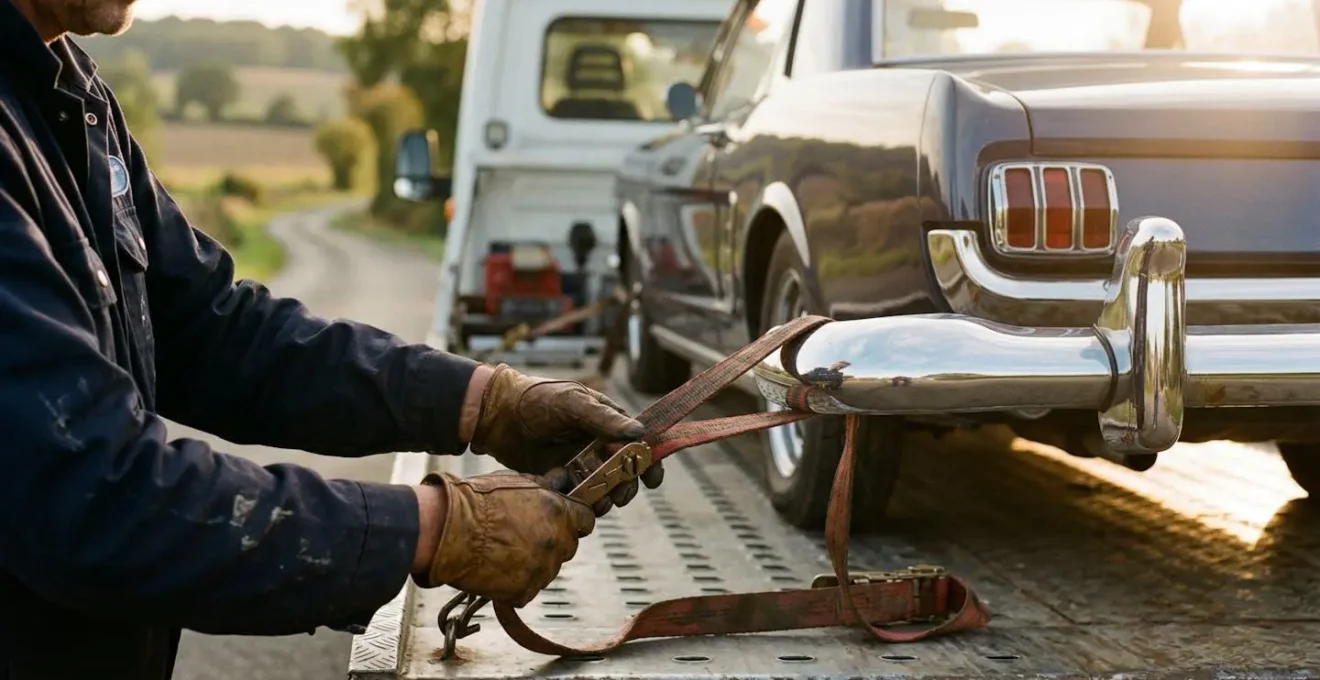 Plateau de remorquage spécialisé chargeant délicatement une voiture de collection