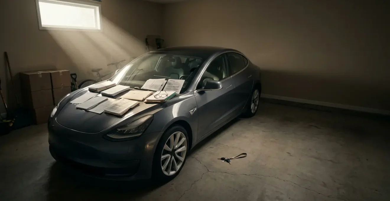 Voiture moderne stationnée dans un garage privé avec documents administratifs sur le capot