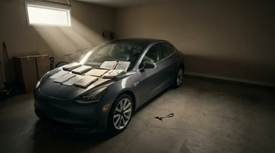 Voiture moderne stationnée dans un garage privé avec documents administratifs sur le capot