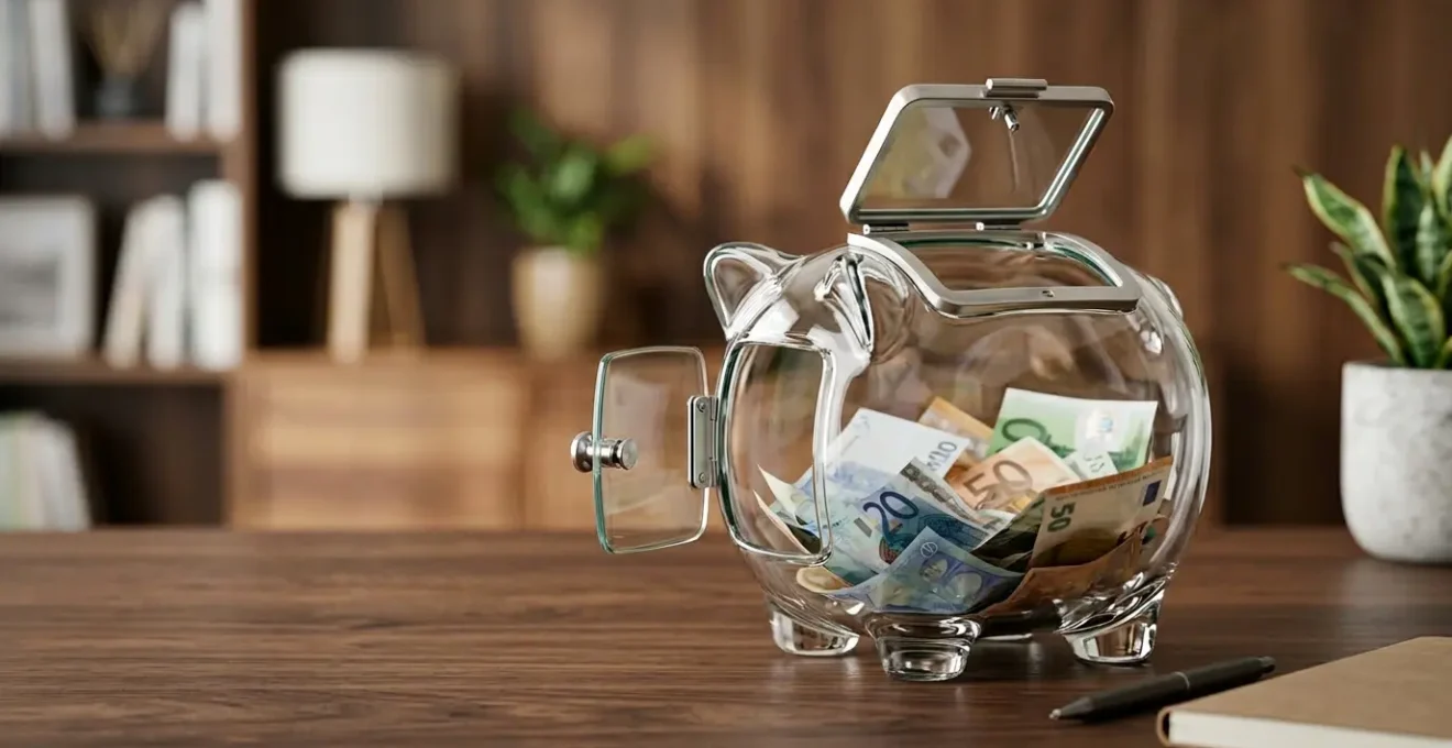Tirelire transparente moderne avec accès facile et billets euros visibles