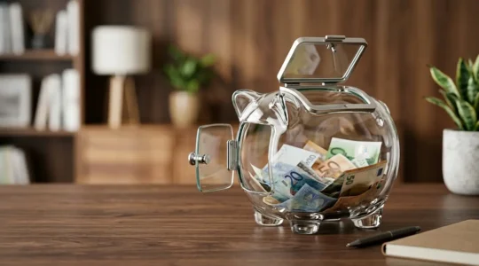 Tirelire transparente moderne avec accès facile et billets euros visibles