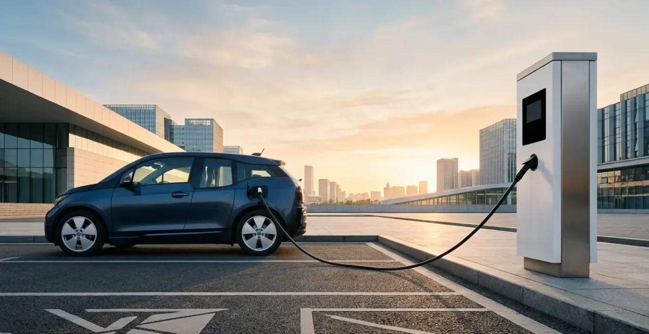 Vue moderne d'une voiture électrique en charge avec mise en valeur subtile de la batterie et des éléments d'assurance