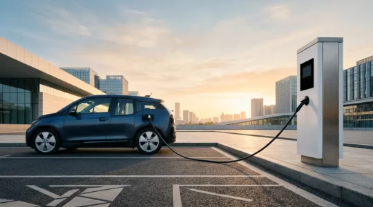 Vue moderne d'une voiture électrique en charge avec mise en valeur subtile de la batterie et des éléments d'assurance