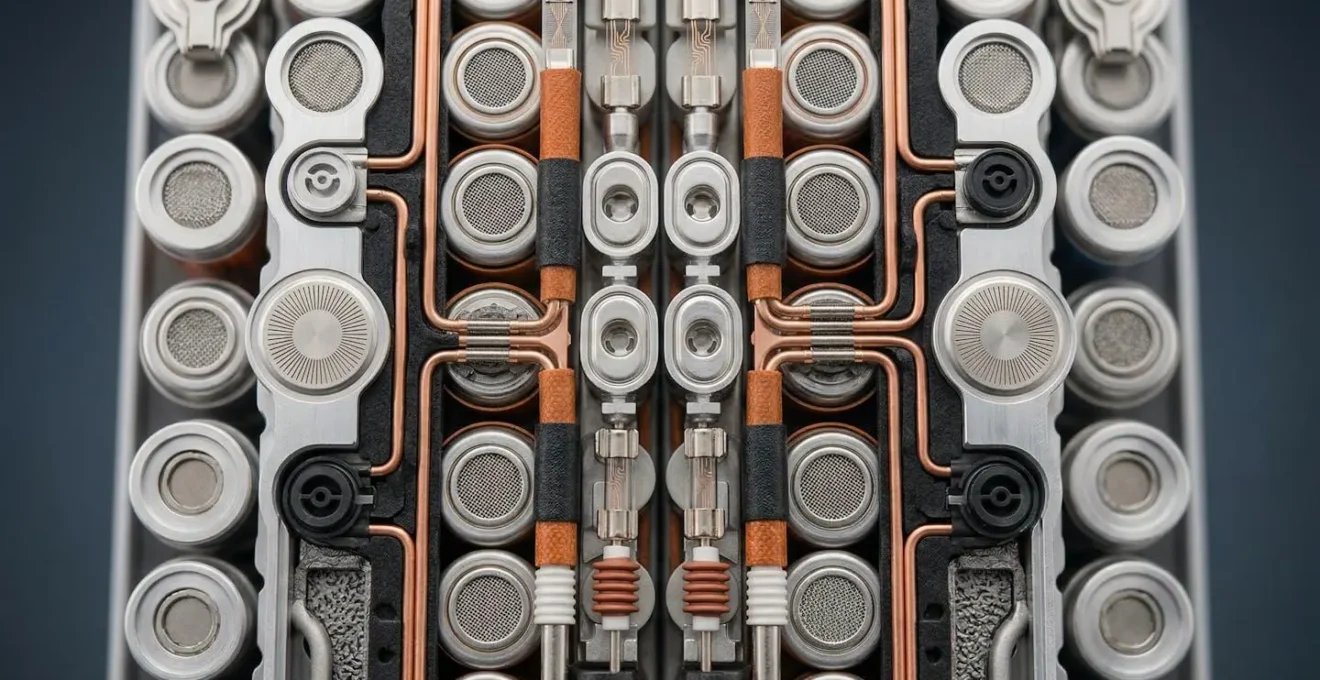 Détail macro d'une batterie de véhicule électrique avec focus sur les éléments de sécurité