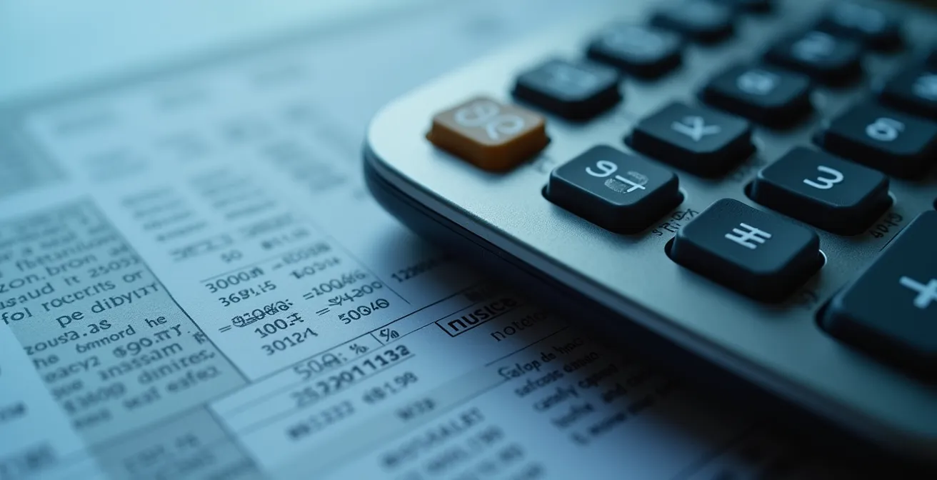 Détail macro d'une calculatrice avec chiffres flous et documents financiers abstraits