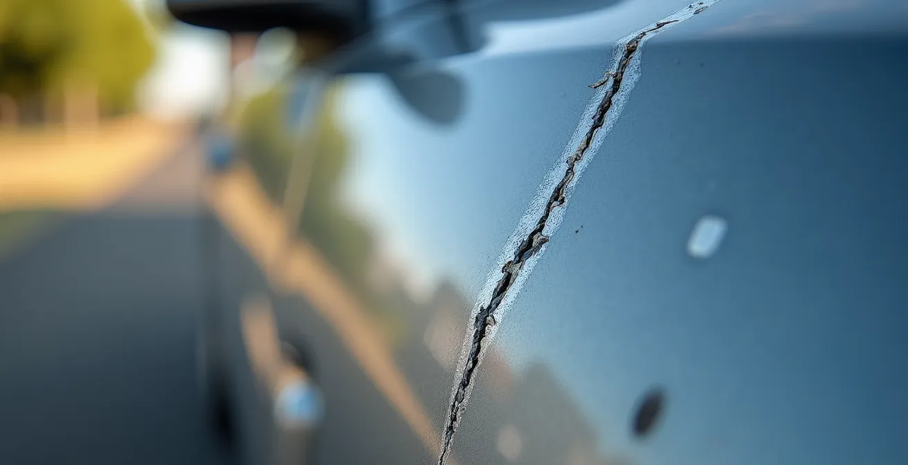 Vue macro d'une rayure sur pare-chocs avec calculatrice floue en arrière-plan
