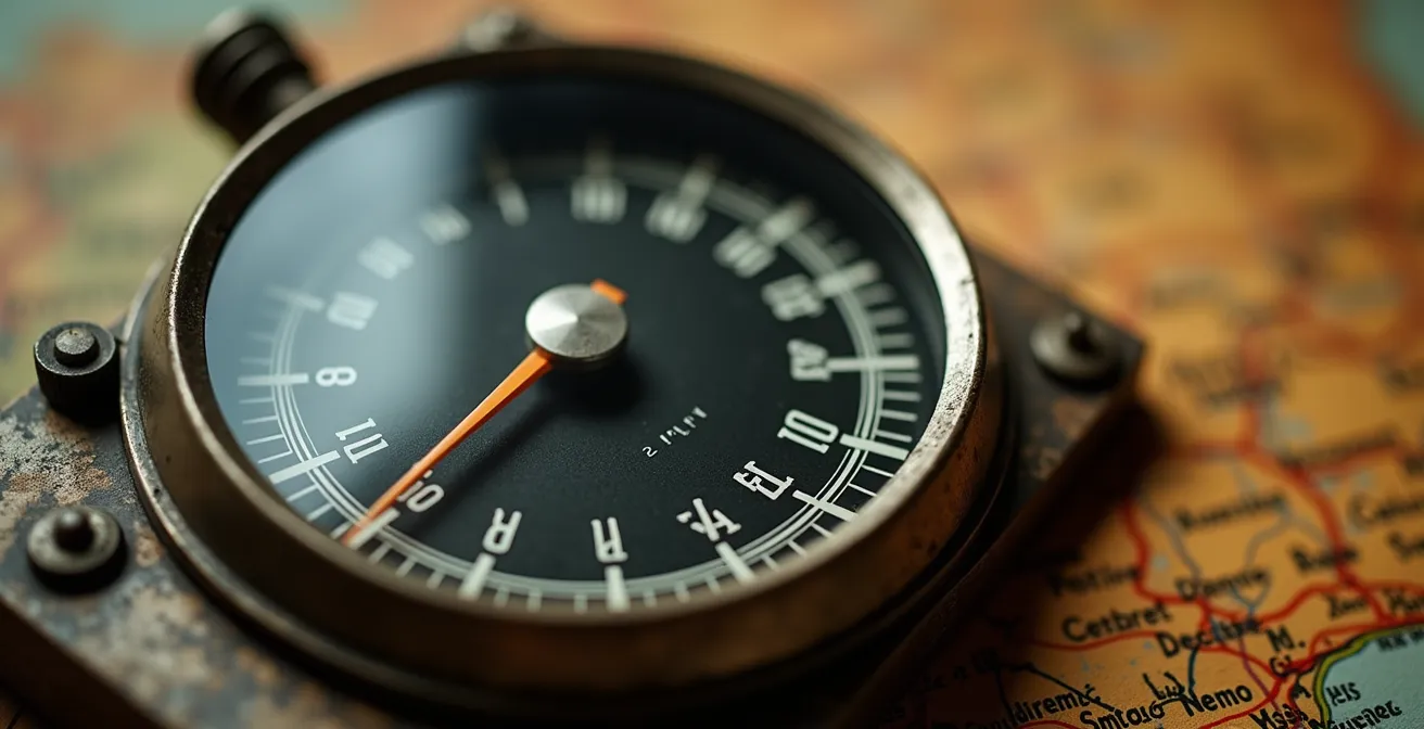 Une calculatrice posée sur un compteur kilométrique et une carte routière de France, symbolisant le calcul du forfait d'assurance auto.