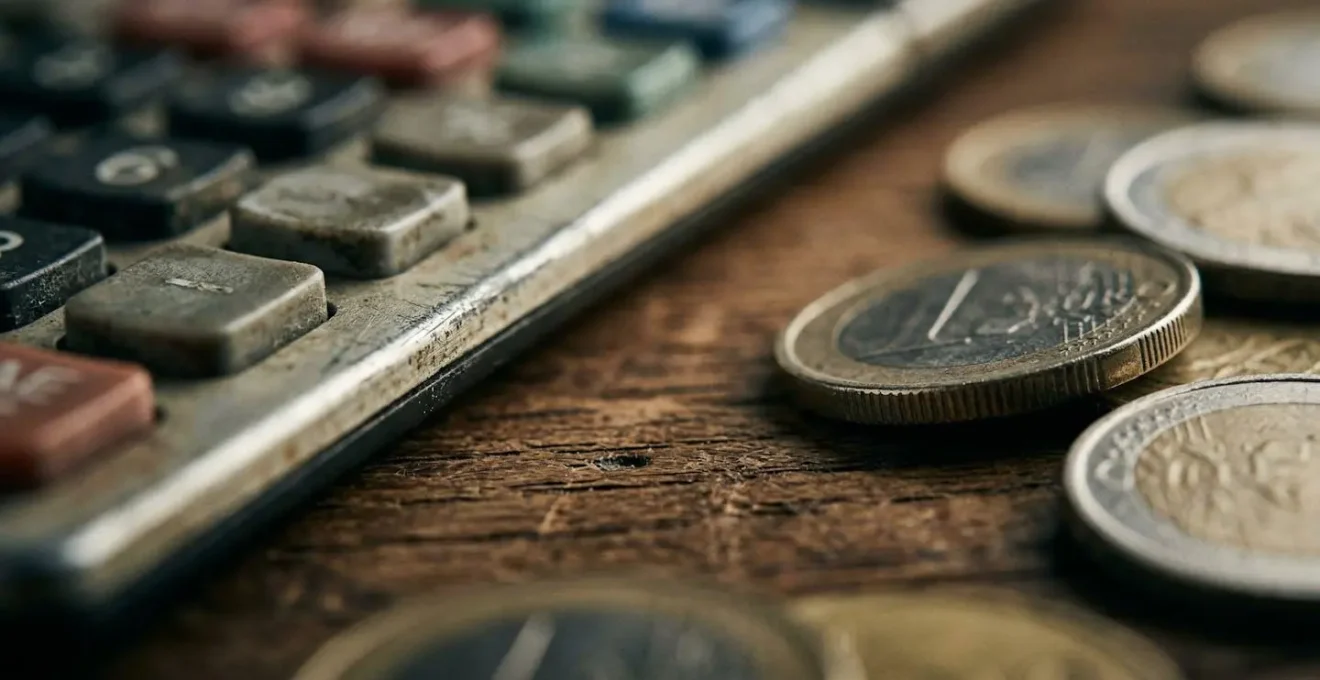 Vue macro d'une calculatrice vintage avec des pièces de monnaie européennes dispersées sur une surface en bois