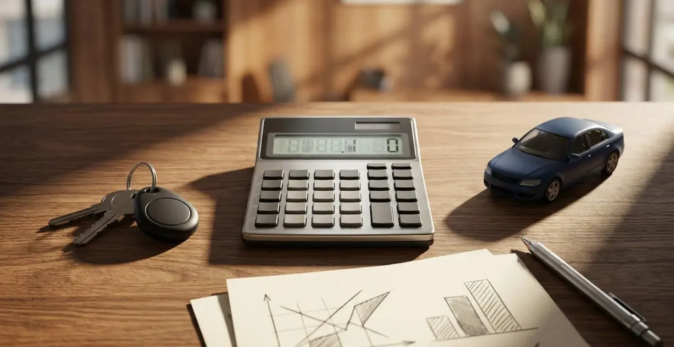 Calculatrice et documents automobiles sur un bureau avec clés de voiture