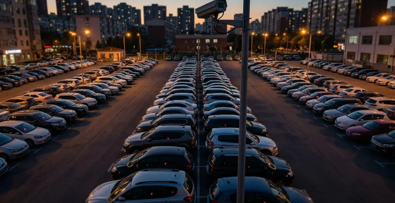 Vue aérienne d'une zone urbaine avec parkings et dispositifs de sécurité visibles, sans texte