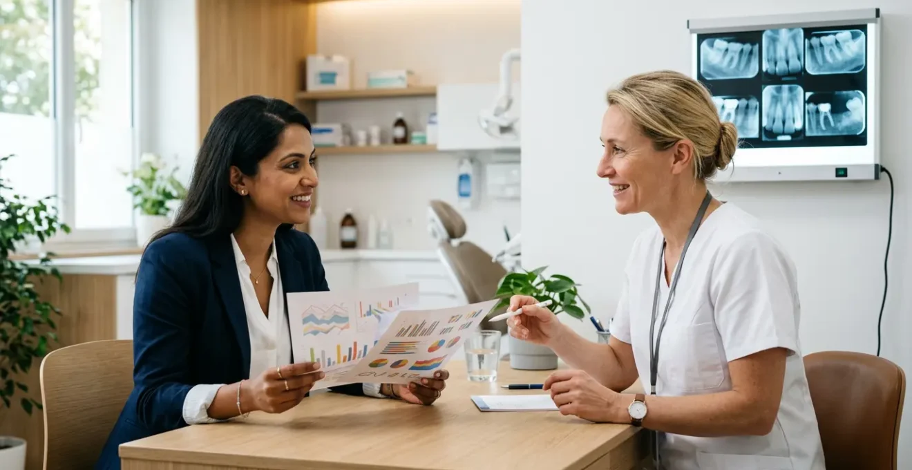 Patient en consultation dentaire examinant des documents de garanties avec son dentiste dans un cabinet moderne