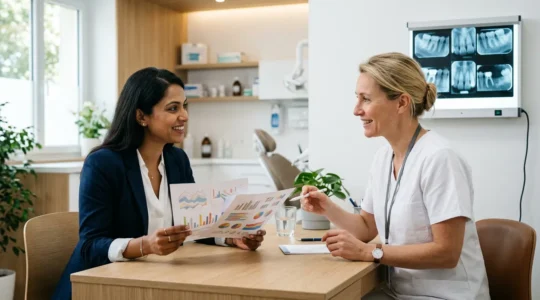 Patient en consultation dentaire examinant des documents de garanties avec son dentiste dans un cabinet moderne