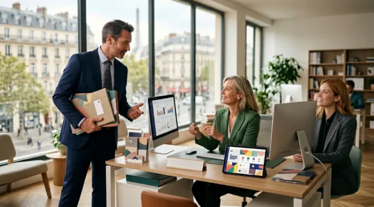 Trois professionnels de l'assurance en discussion dans un bureau moderne représentant les différents canaux de distribution