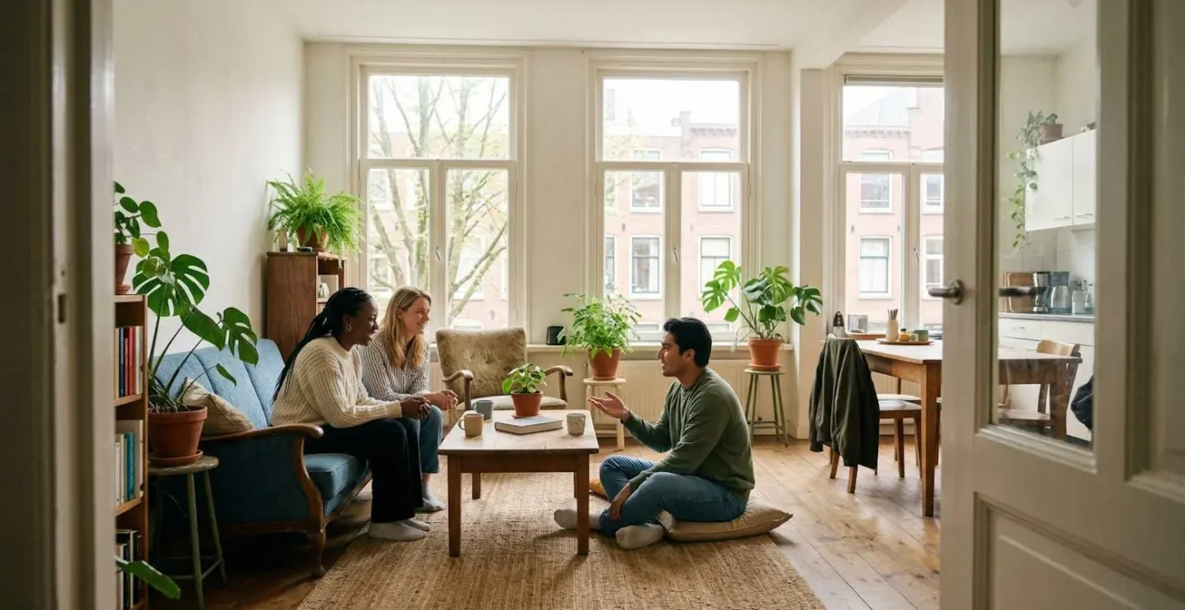 Trois jeunes colocataires discutant dans un salon lumineux autour d'une table basse