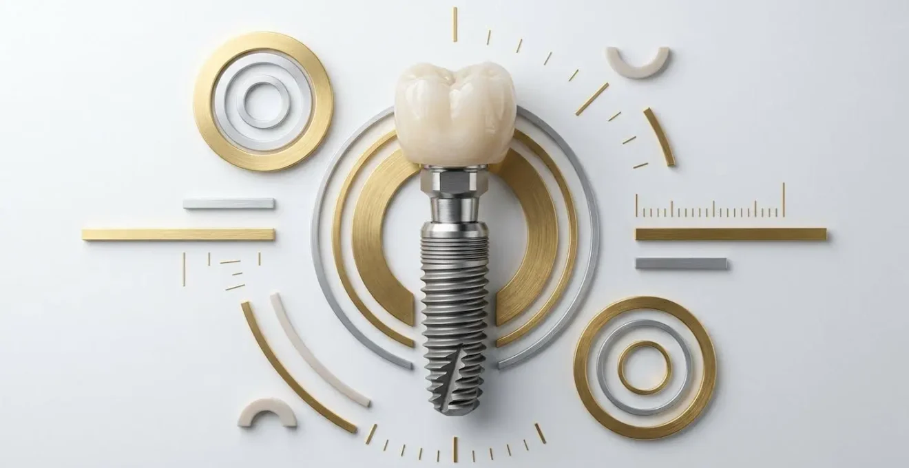 Vue macro d'un implant dentaire en titane avec calculs de remboursement illustrés par des éléments graphiques abstraits