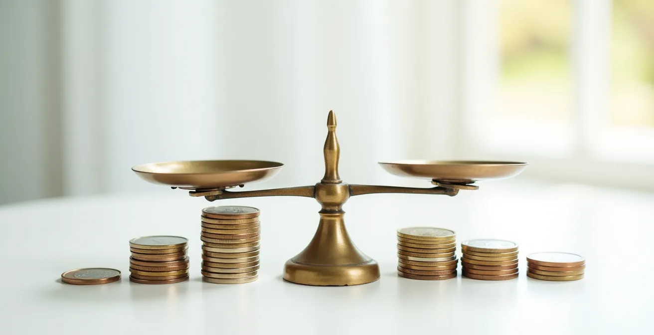 Comparaison visuelle entre paiement annuel et mensualisation avec des piles de pièces symbolisant les économies réalisées.