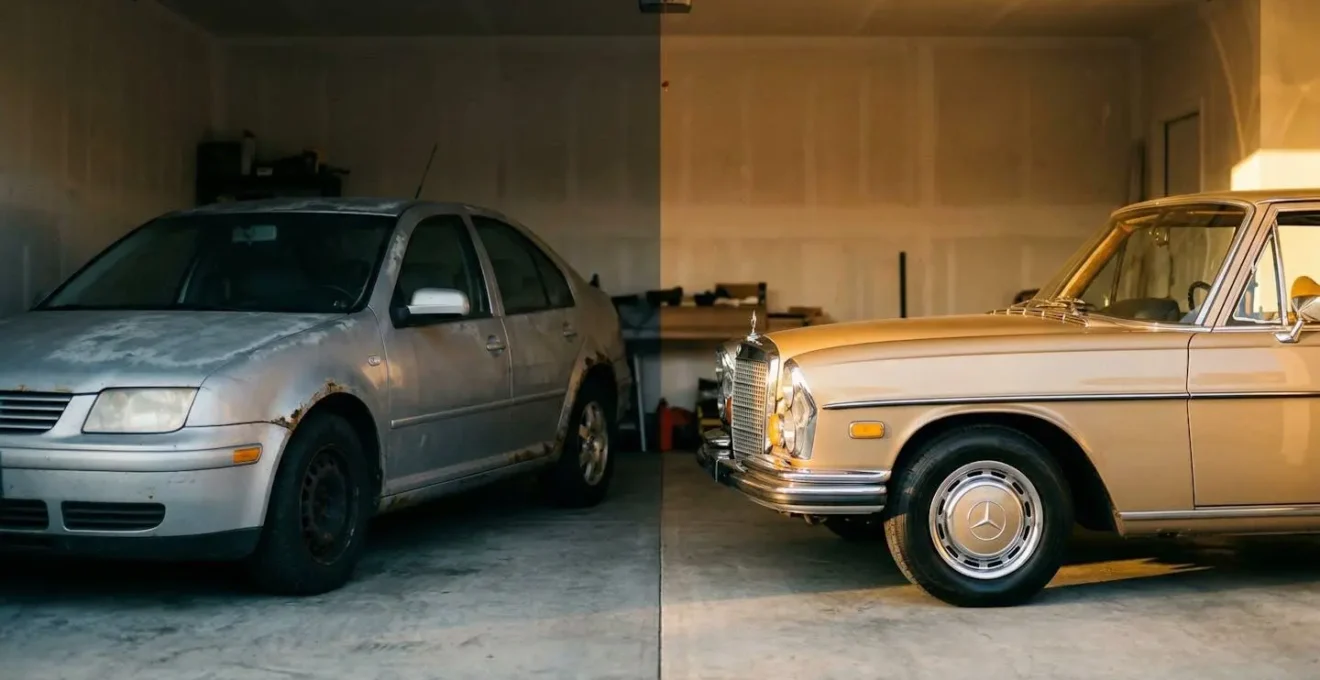 Comparaison visuelle entre une voiture moderne dépréciée et une voiture de collection préservant sa valeur