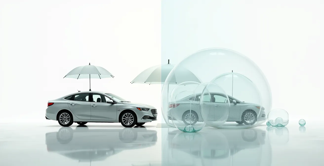 Composition symbolique montrant deux moitiés d'une voiture avec différents niveaux de protection