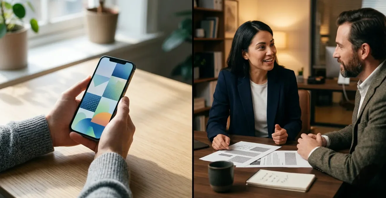 Comparaison entre un client utilisant une assurance en ligne sur ordinateur et un échange avec un conseiller en agence physique