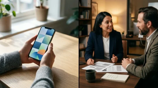 Comparaison entre un client utilisant une assurance en ligne sur ordinateur et un échange avec un conseiller en agence physique