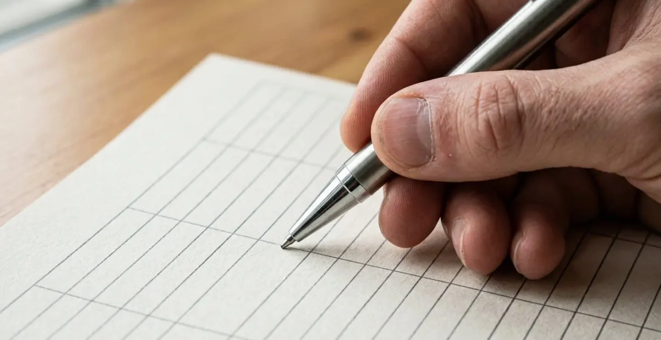 Vue macro d'une main tenant un stylo près d'un tableau de suivi des franchises médicales