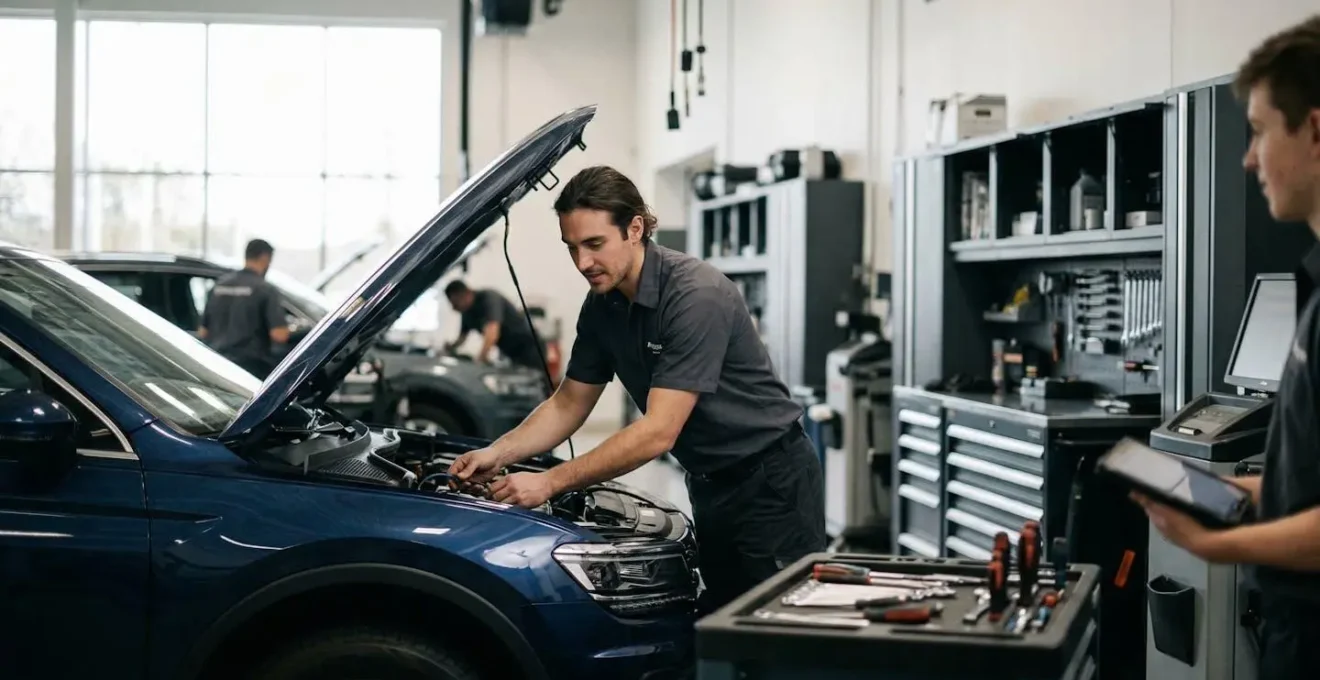Atelier de concession automobile moderne avec mécanicien travaillant sur un véhicule récent