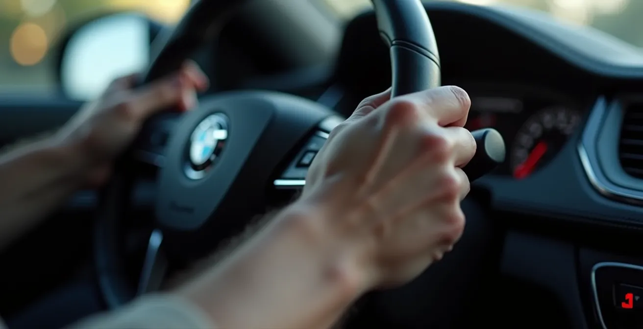 Conducteur attentif au volant d'une voiture neuve, mains sur le volant, concentration visible