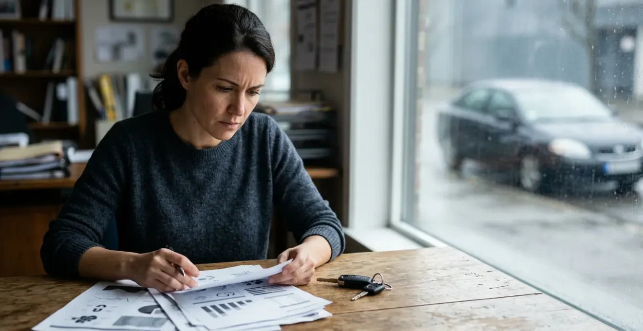 Conducteur consultant des documents d'assurance avec véhicule immobilisé en arrière-plan