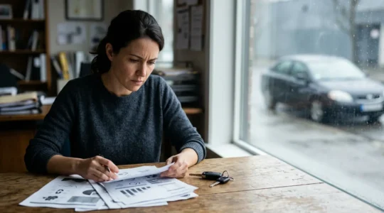 Conducteur consultant des documents d'assurance avec véhicule immobilisé en arrière-plan