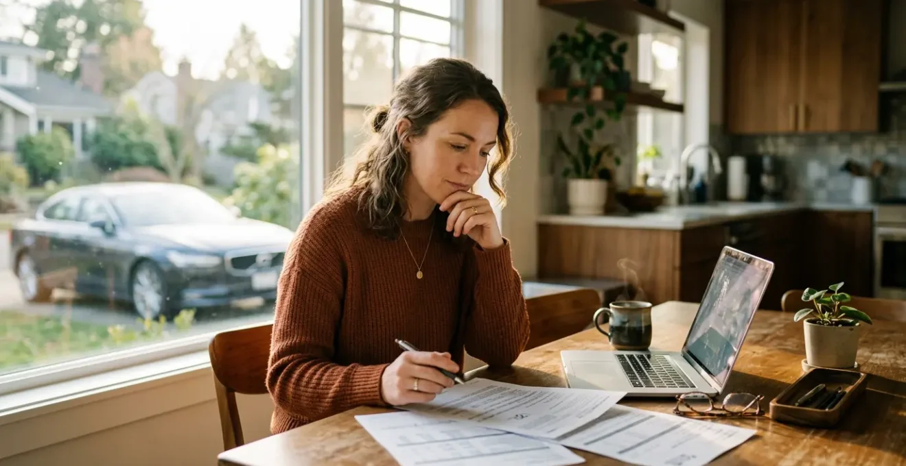 Conducteur réfléchissant devant documents d'assurance avec véhicule en arrière-plan