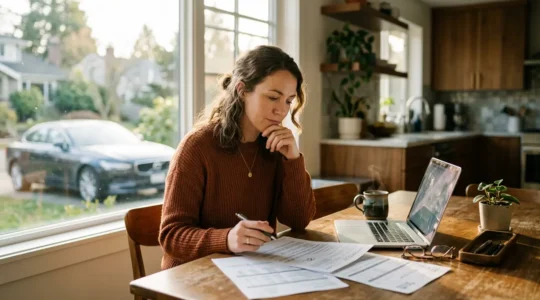 Conducteur réfléchissant devant documents d'assurance avec véhicule en arrière-plan