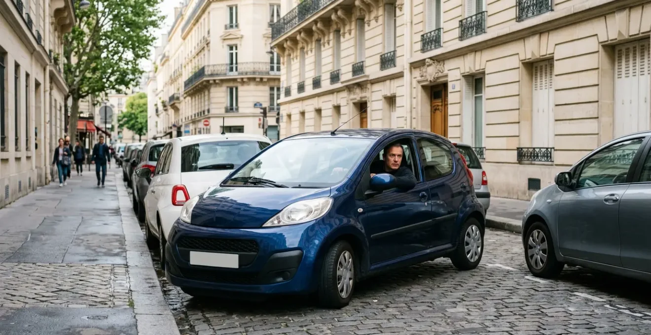 Conducteur urbain garant sa petite voiture dans une rue étroite parisienne