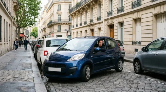 Conducteur urbain garant sa petite voiture dans une rue étroite parisienne