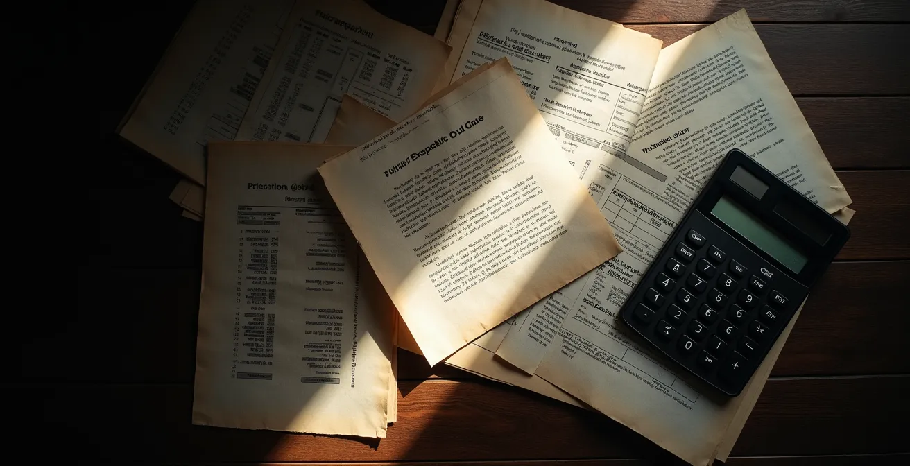 Vue dramatique de documents financiers et calculatrice évoquant l'endettement