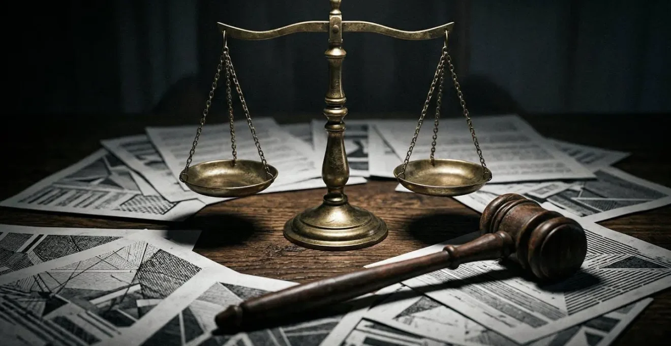 Balance de justice avec documents administratifs et marteau de juge sur bureau d'avocat