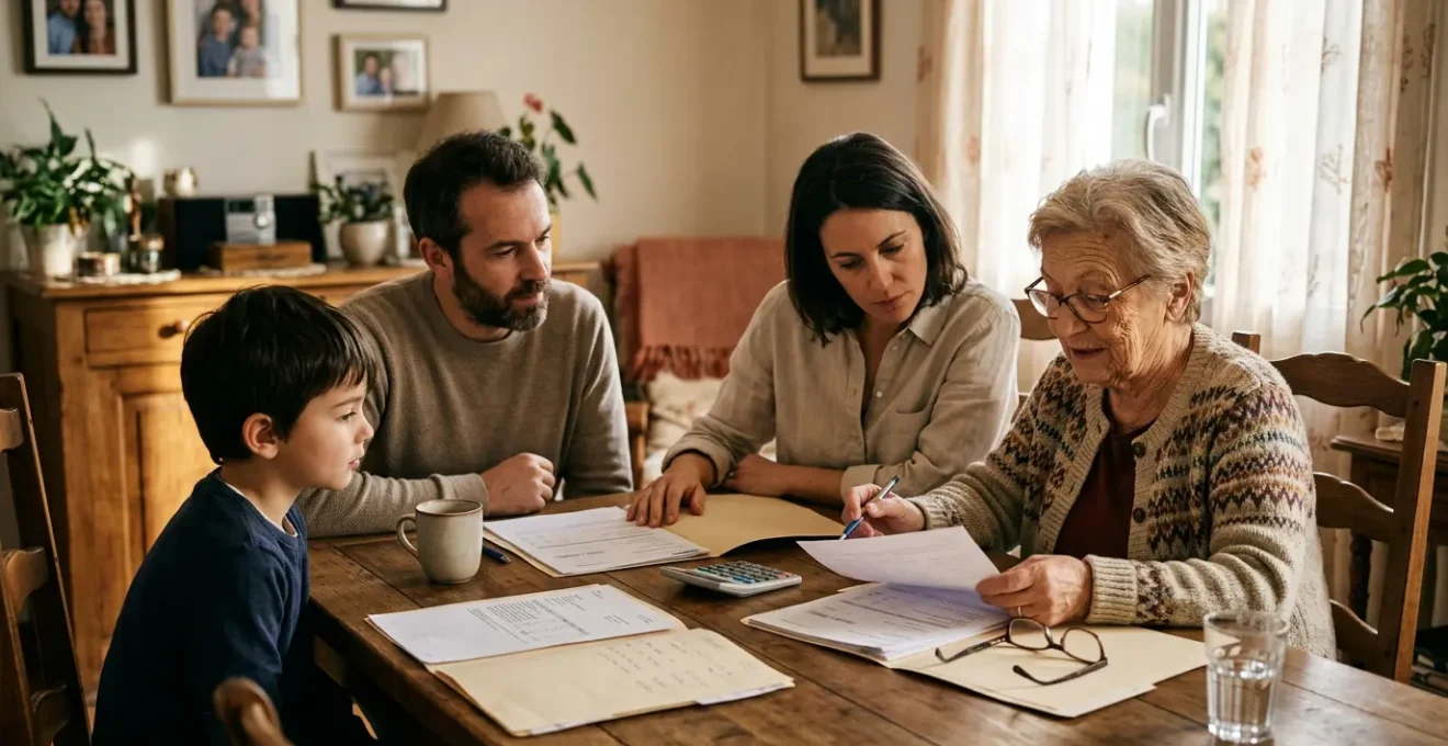 Famille multigénérationnelle examinant attentivement des documents financiers autour d'une table en bois avec une lumière douce