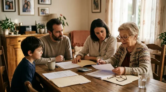 Famille multigénérationnelle examinant attentivement des documents financiers autour d'une table en bois avec une lumière douce