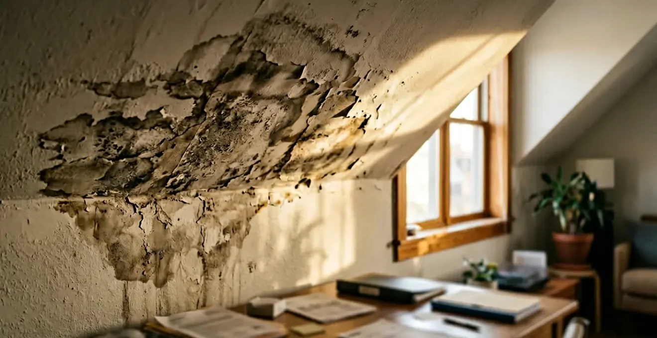 Vue d'un plafond endommagé par un dégât des eaux dans un appartement avec des documents d'assurance en arrière-plan