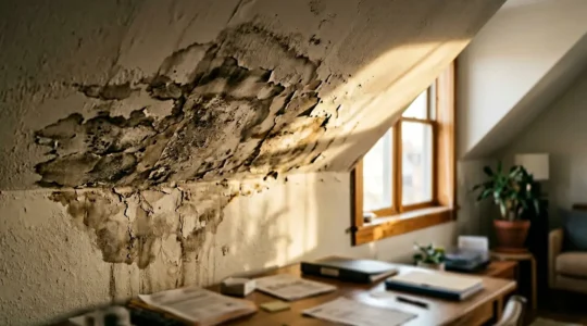 Vue d'un plafond endommagé par un dégât des eaux dans un appartement avec des documents d'assurance en arrière-plan